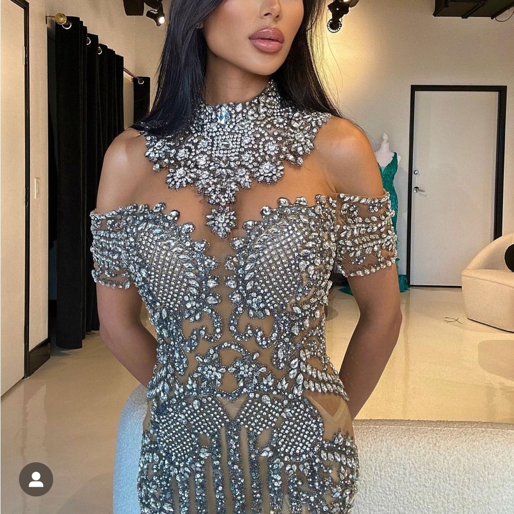 PORTIA AND SCARLETT BEADED NUDE COUTURE DRESS PS3019